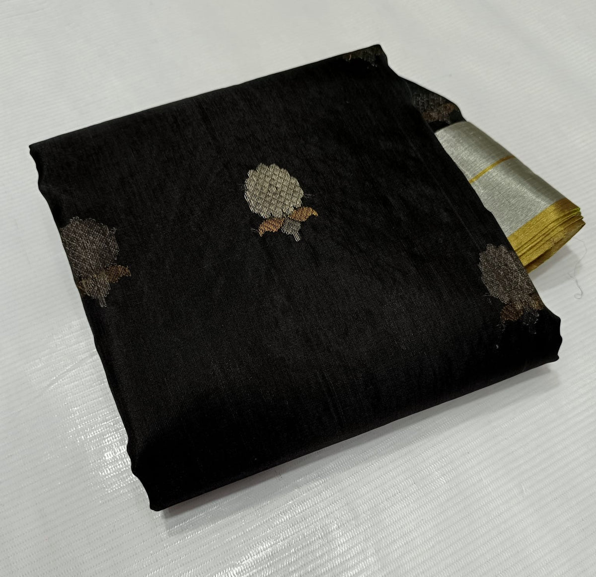 Black Katan Silk Chanderi with broad silver-toned border