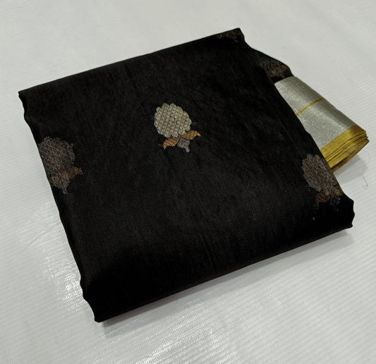 Black Katan Silk Chanderi with broad silver-toned border