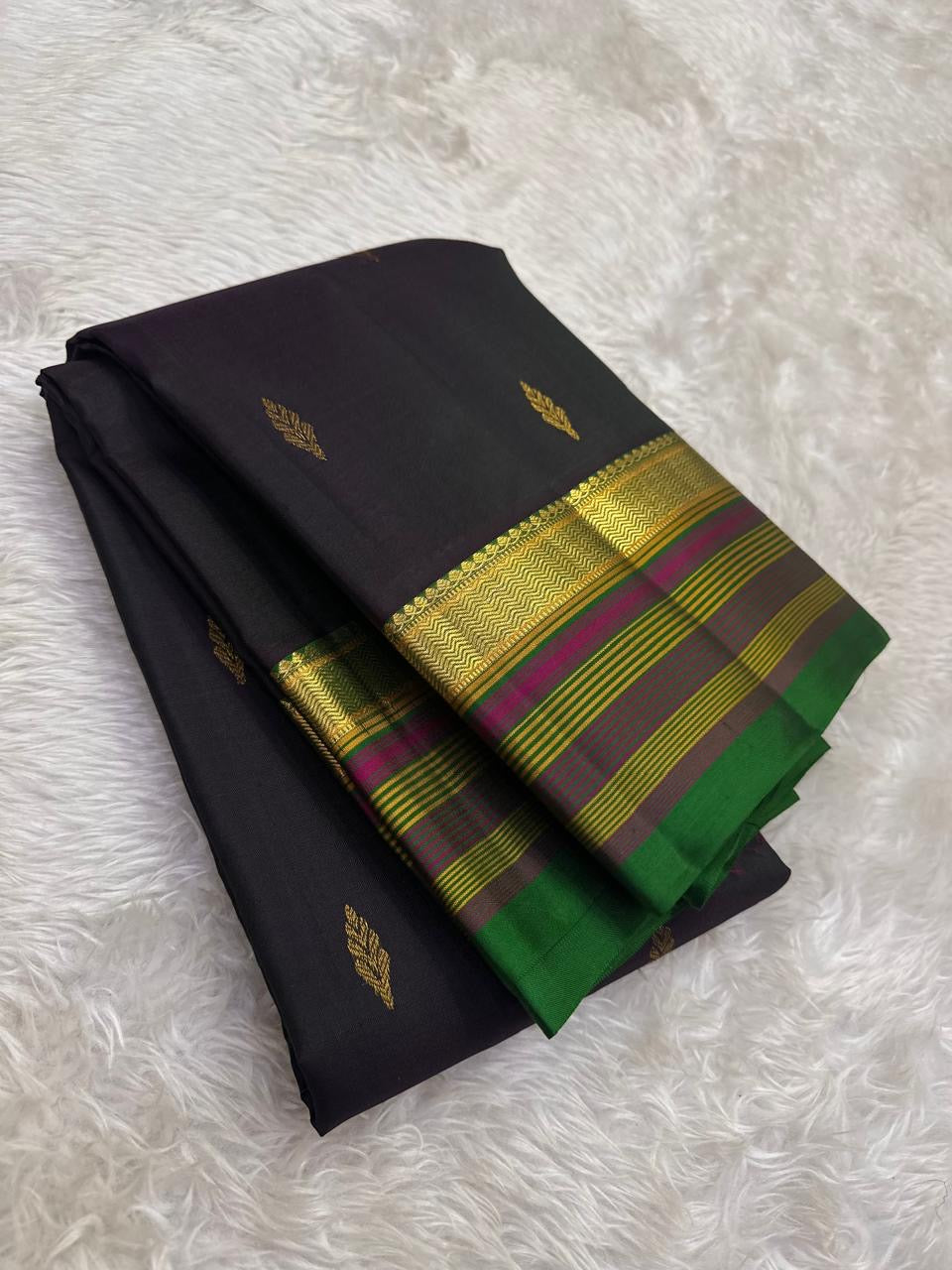 Black Green Rani Pink Kanchipuram silk saree.