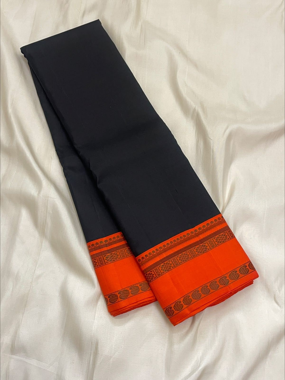 Deep Black and Vermilion Orange Handwoven Pure Silk Kanjivaram Pattupet Saree with Thread-Woven Border