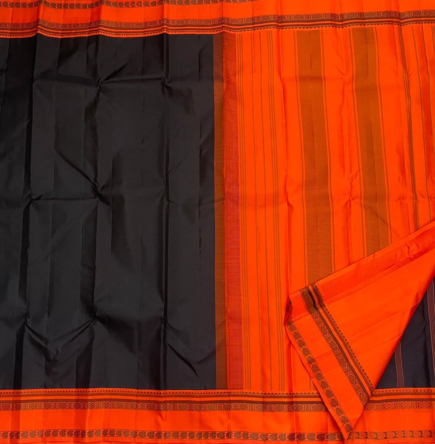 Deep Black and Vermilion Orange Handwoven Pure Silk Kanjivaram Pattupet Saree with Thread-Woven Border