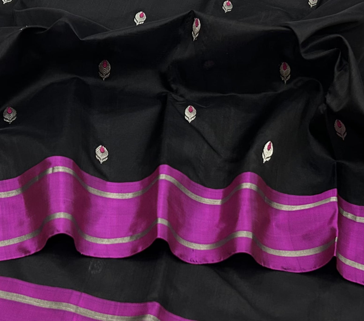 Black Pattu Silk Chanderi saree with metallic buttas