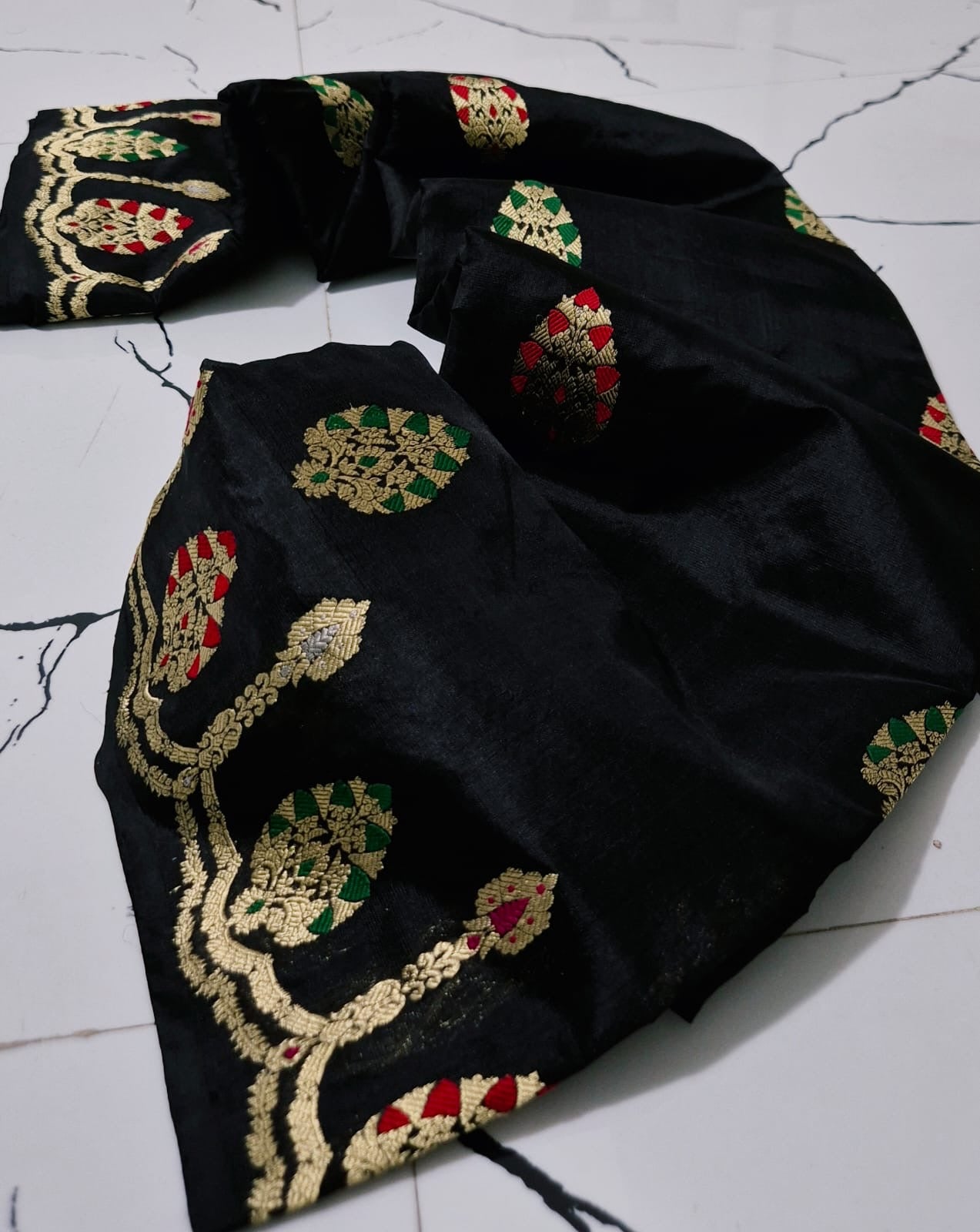 Black handloom Pattu Silk Chanderi saree with gold woven motifs and green red accents
