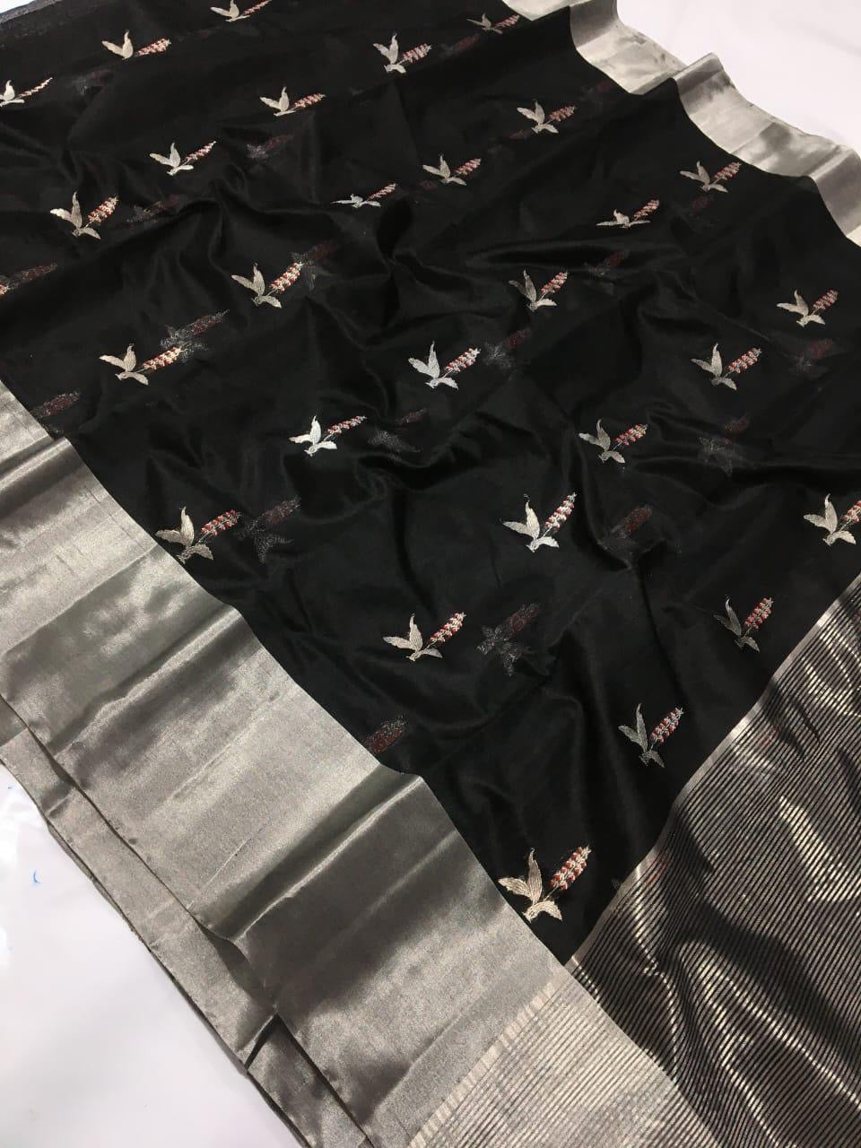Black Handwoven Pattu Silk Chanderi Saree with Silver Zari Border and Reed Motif Pallu