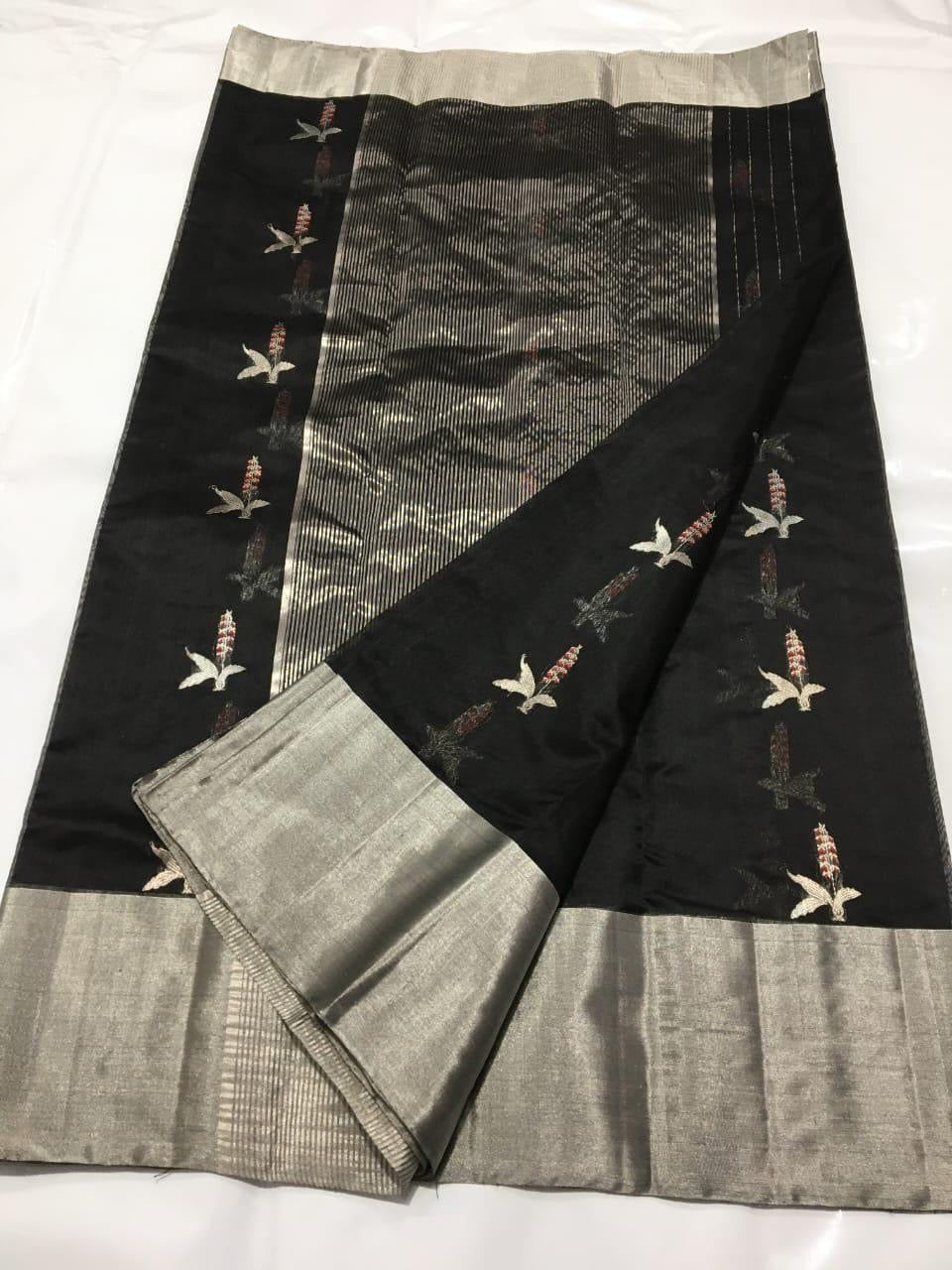 Black Handwoven Pattu Silk Chanderi Saree with Silver Zari Border and Reed Motif Pallu