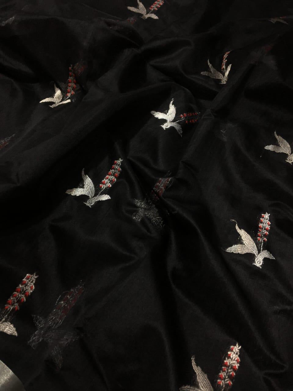 Black Handwoven Pattu Silk Chanderi Saree with Silver Zari Border and Reed Motif Pallu