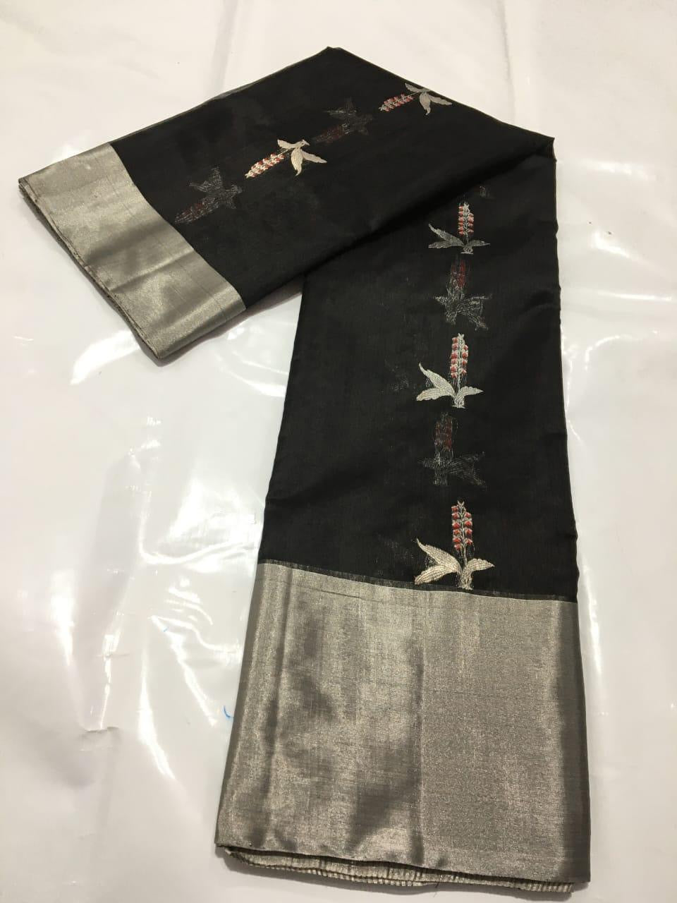 Black Handwoven Pattu Silk Chanderi Saree with Silver Zari Border and Reed Motif Pallu