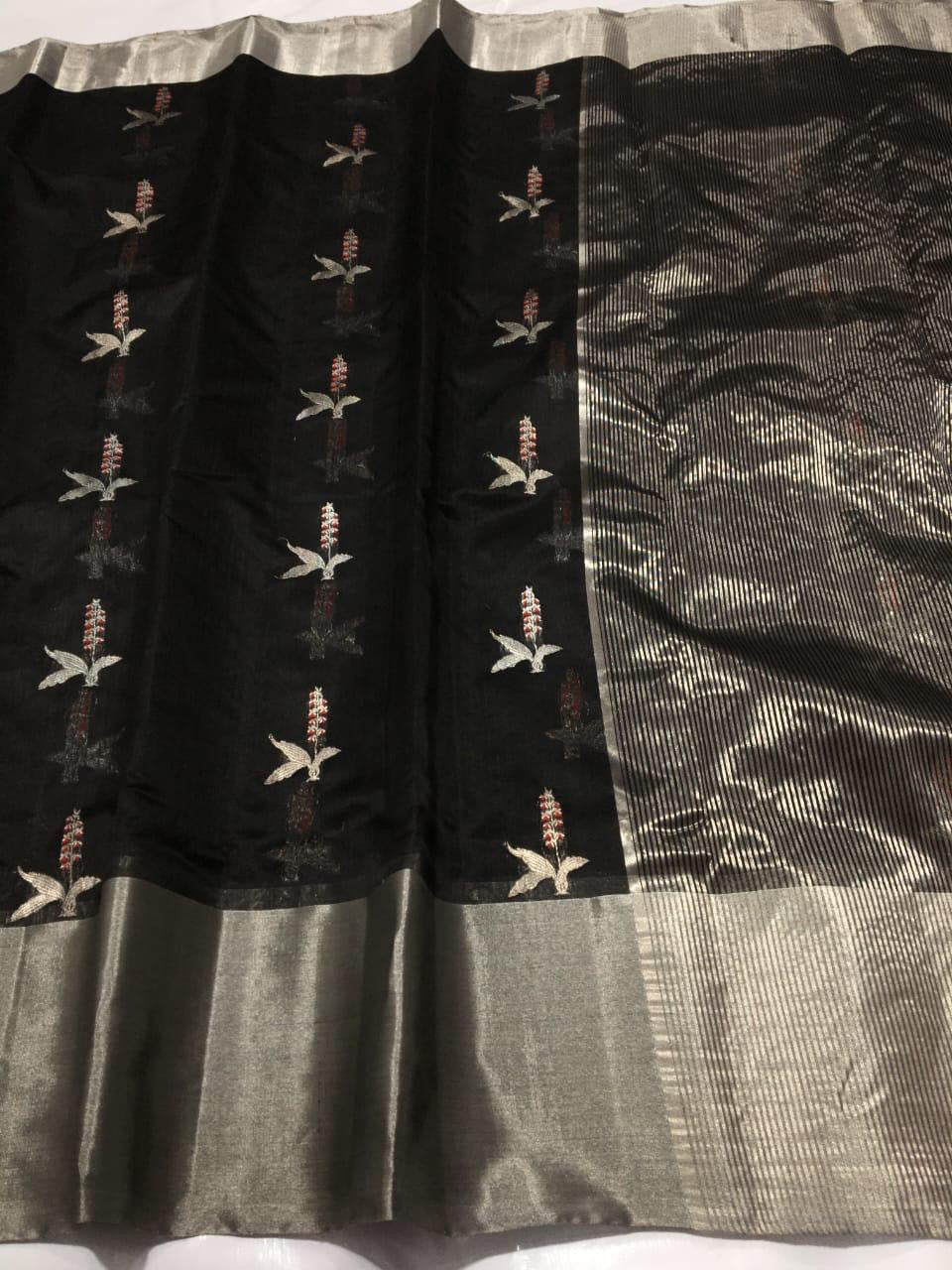 Black Handwoven Pattu Silk Chanderi Saree with Silver Zari Border and Reed Motif Pallu
