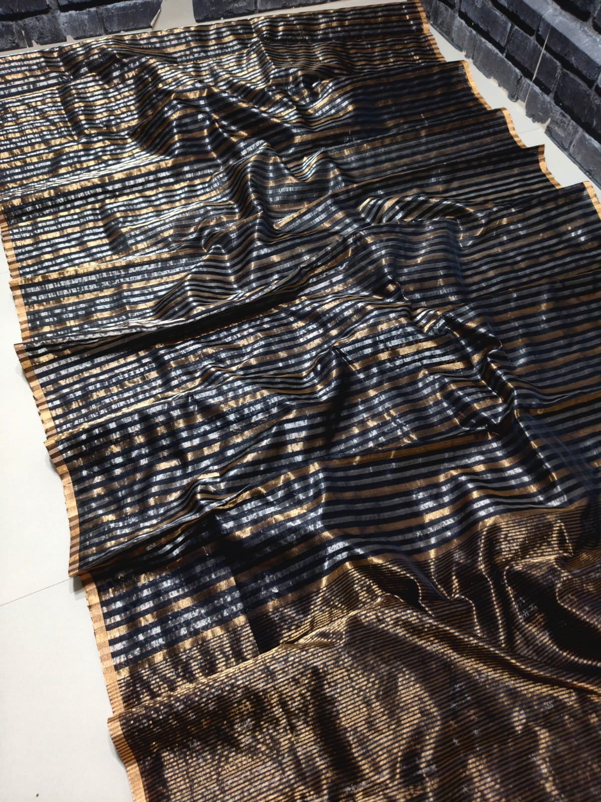 Black Pattu Silk Chanderi saree with silver-gold pinstripe pattern — Idam Living