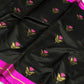 Black handloom Pattu Silk Chanderi saree with fuchsia pink floral buttas and a fuchsia border