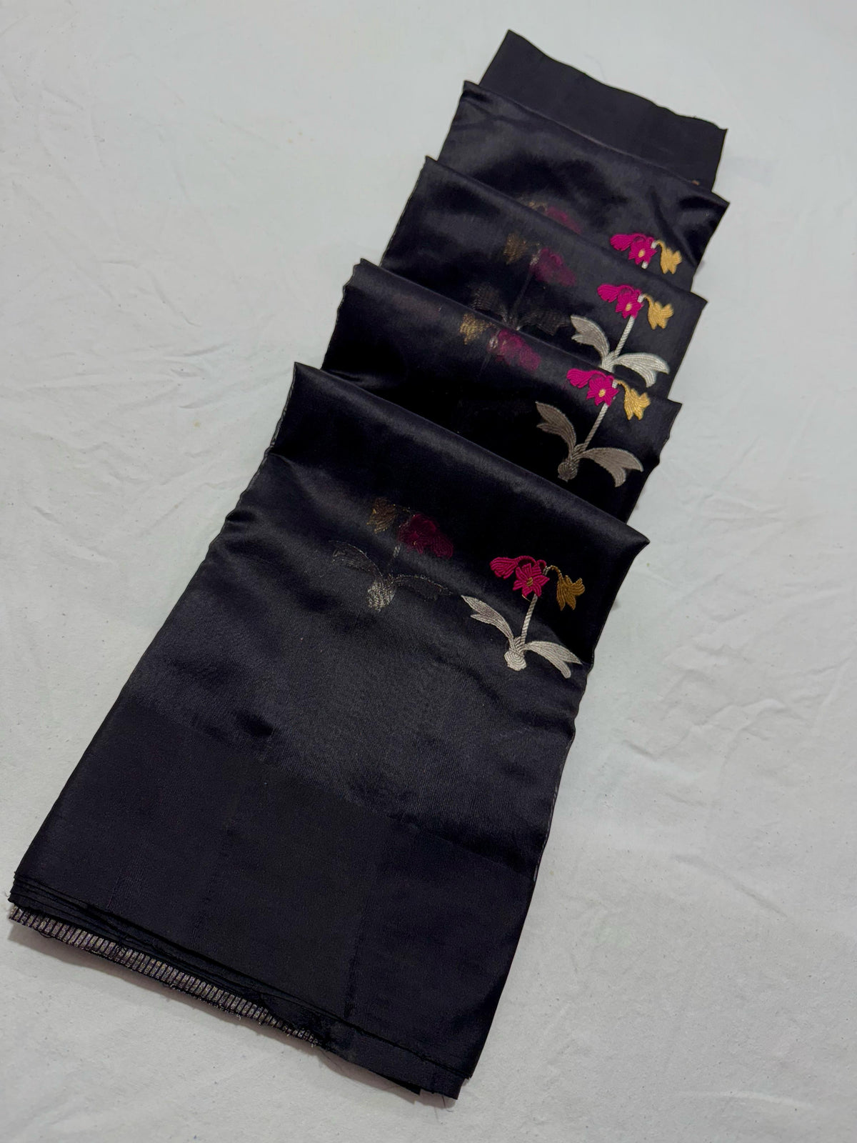 Black and pink floral Chanderi handloom silk