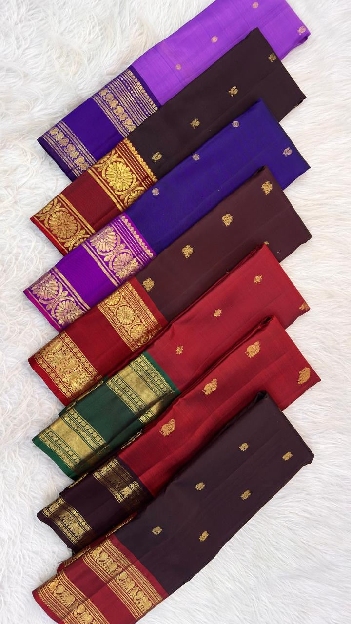 Deep Kanchana brown Pure Silk Kanjipuram Rettapet saree with Arakku red kamalam gold zari border, detail view 6