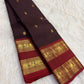 Deep Kanchana brown Pure Silk Kanjipuram Rettapet saree with Arakku red kamalam gold zari border, detail view 2