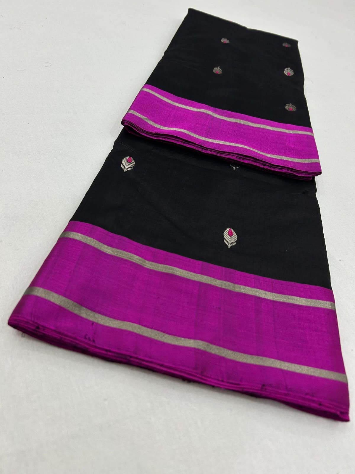 Black Pure Silk Chanderi saree with Rani pink border