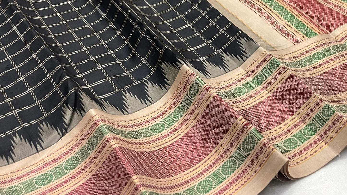 Crimson and sage green pattupet border bands on black Kancheepuram handwoven silk saree — Idam Living
