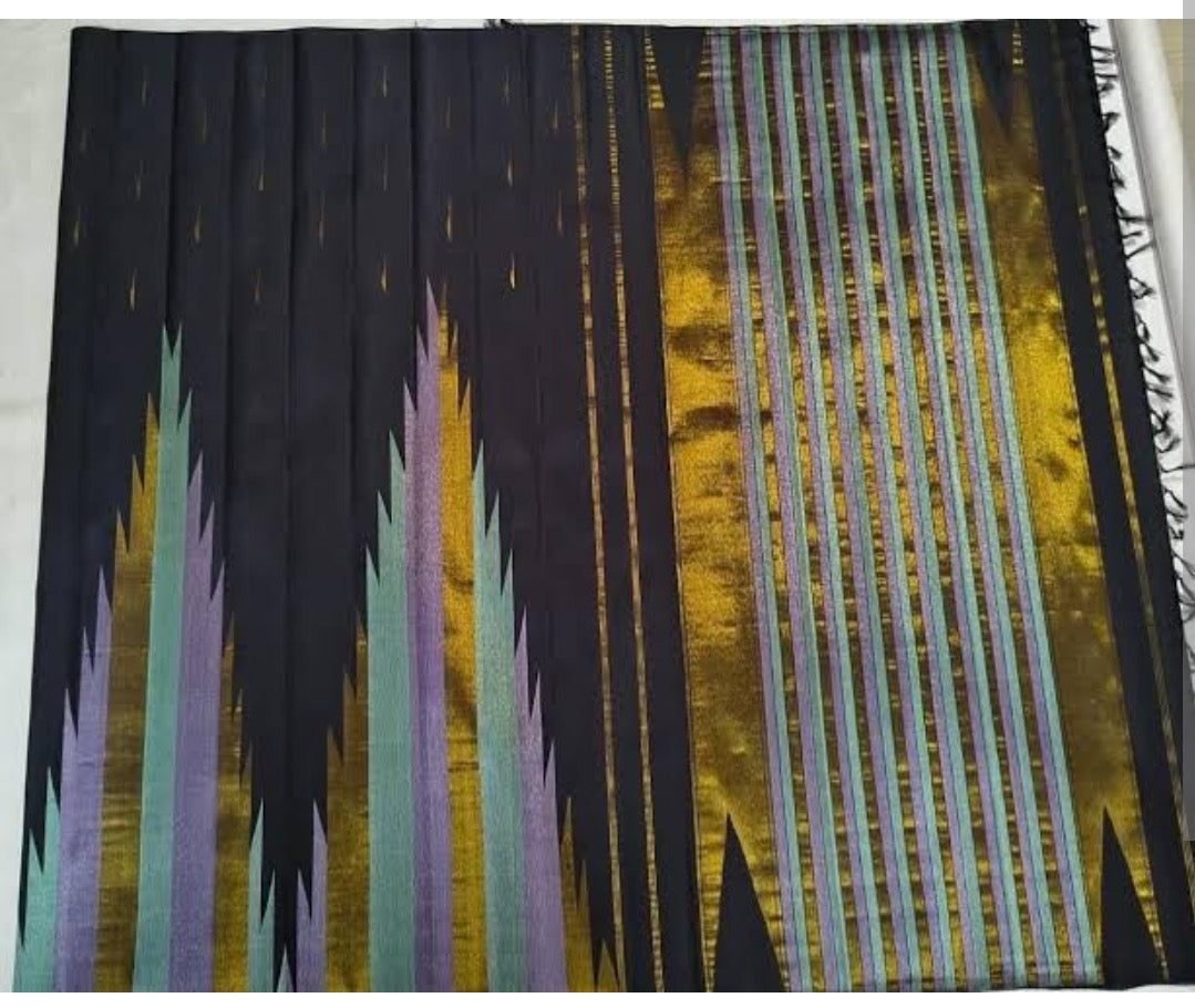 Black Handwoven Pure Silk Kanjipuram Saree with Multicolour Ettukol Temple Border