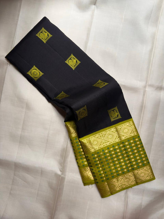Black Handwoven Pure Silk Kanchi Pattu Saree with Olive Gold Rettapet Border