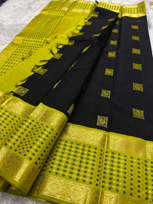 Black Handwoven Pure Silk Kanchi Pattu Saree with Olive Gold Rettapet Border