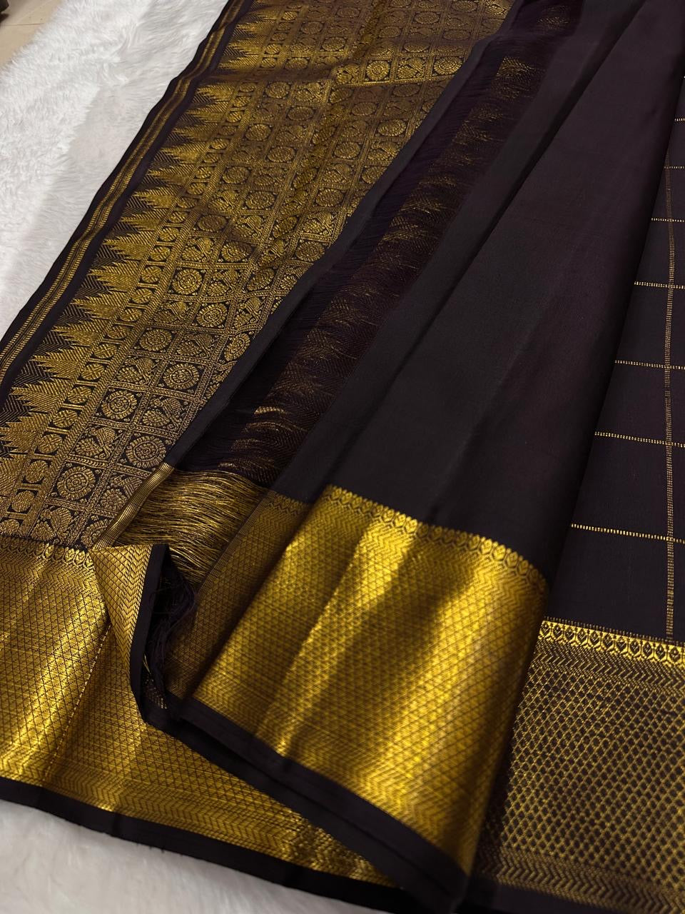 Black Zari Checks Kanchipuram Silk Saree with Gold Pallu