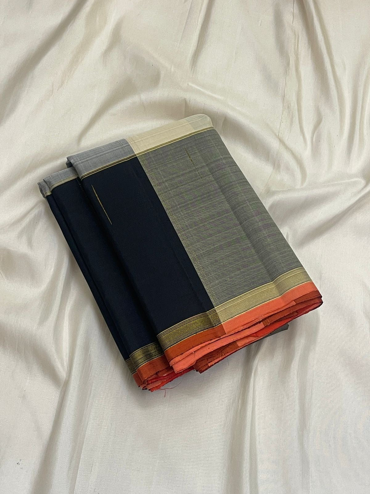 Black Silver Grey and Warm Ivory Handwoven Pure Silk Kanchipuram Paalum Pazhamum Saree