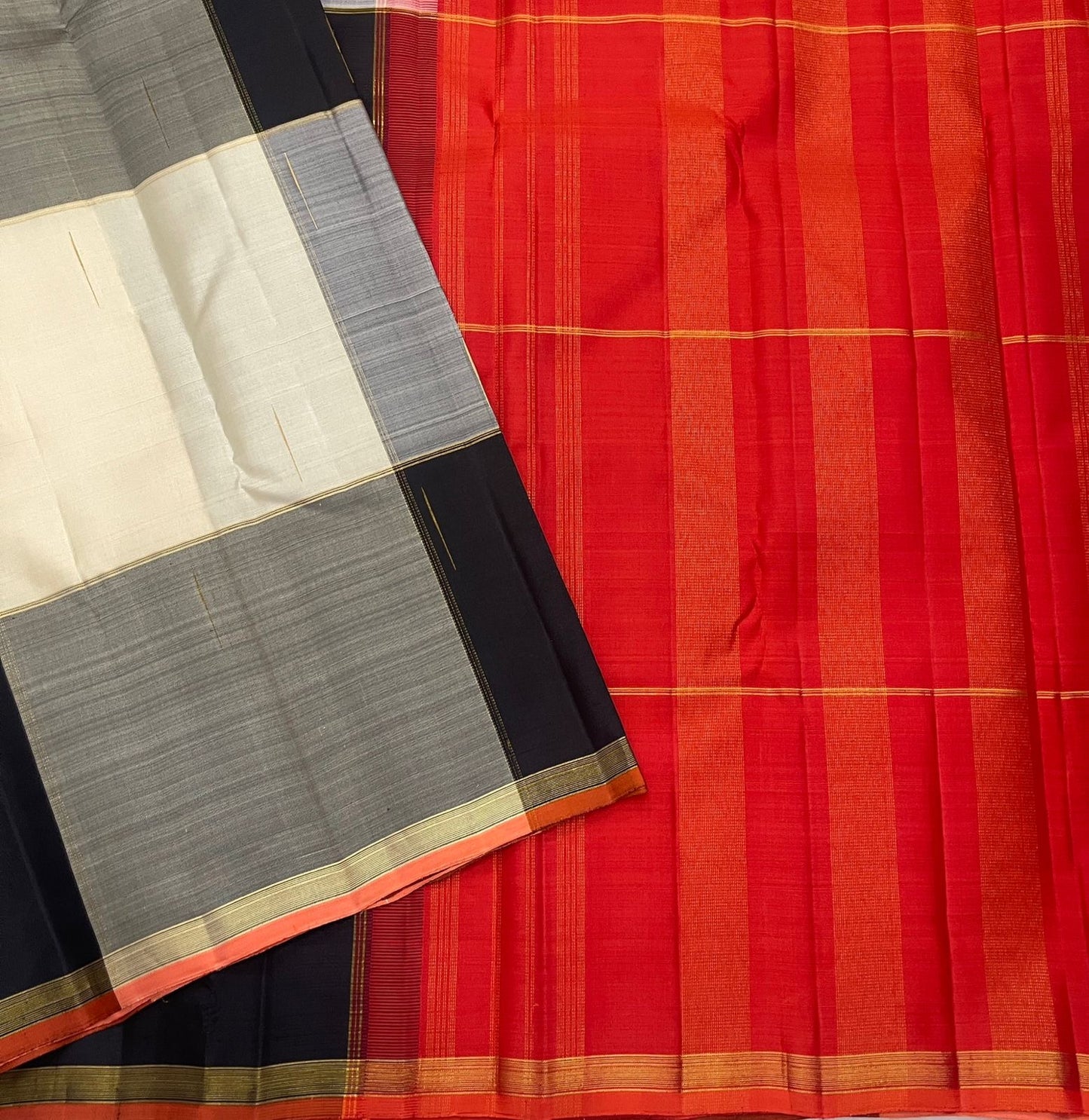 Black Silver Grey and Warm Ivory Handwoven Pure Silk Kanchipuram Paalum Pazhamum Saree