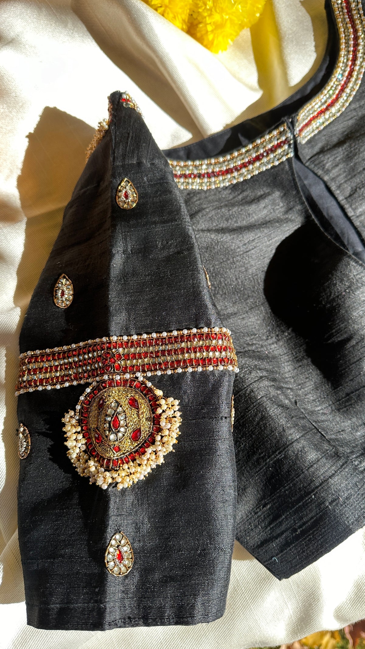 Black Tanjore Treasure pure silk hand-embroidered blouse by Idam Living