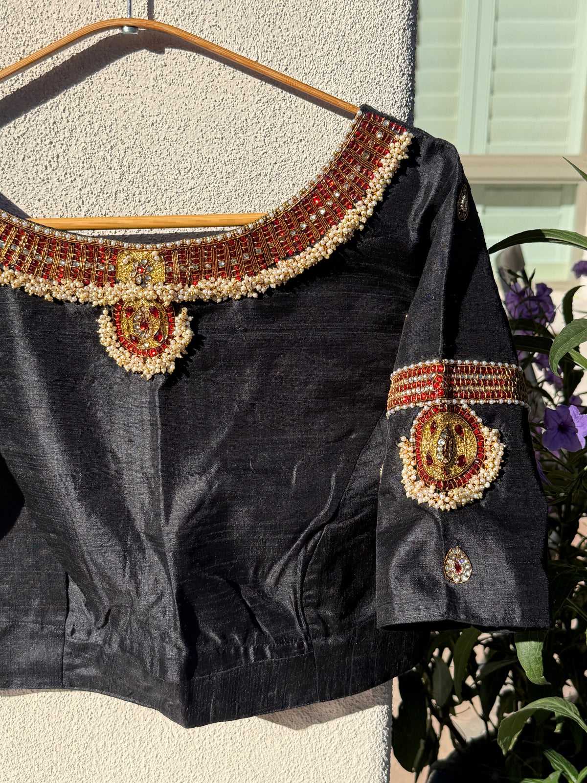 Black Tanjore Treasure pure silk hand-embroidered blouse by Idam Living