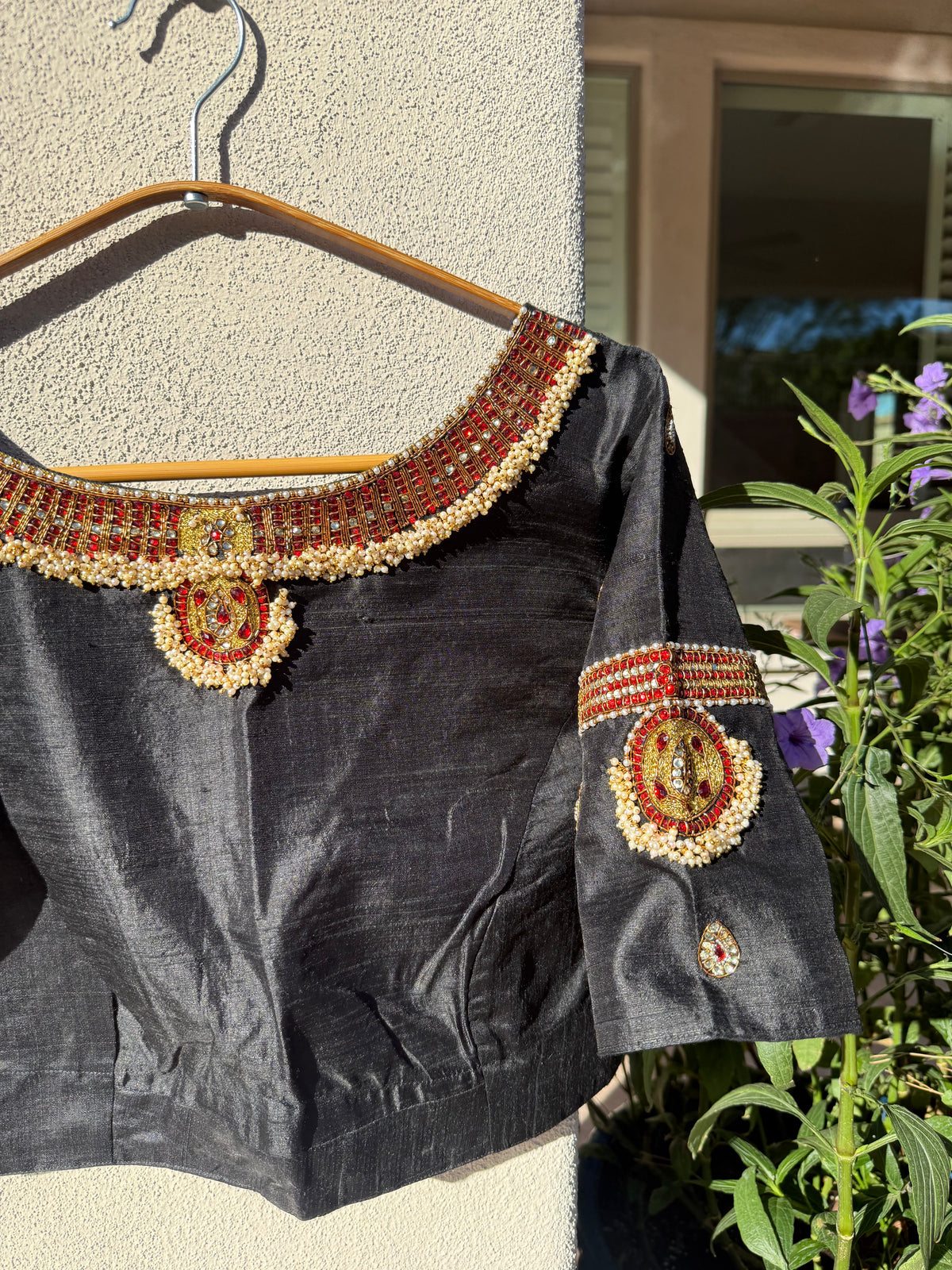 Black Tanjore Treasure pure silk hand-embroidered blouse by Idam Living