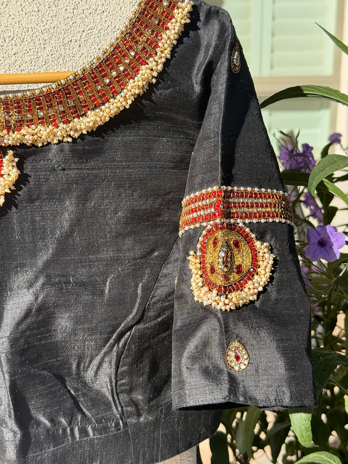 Black Tanjore Treasure pure silk hand-embroidered blouse by Idam Living