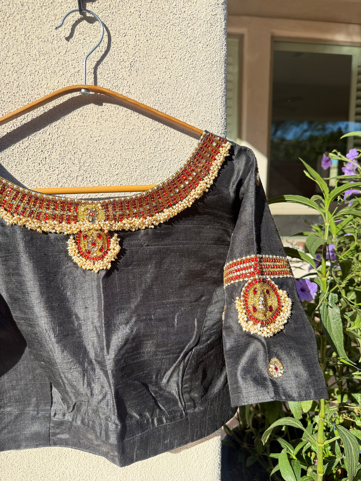 Black Tanjore Treasure pure silk hand-embroidered blouse by Idam Living