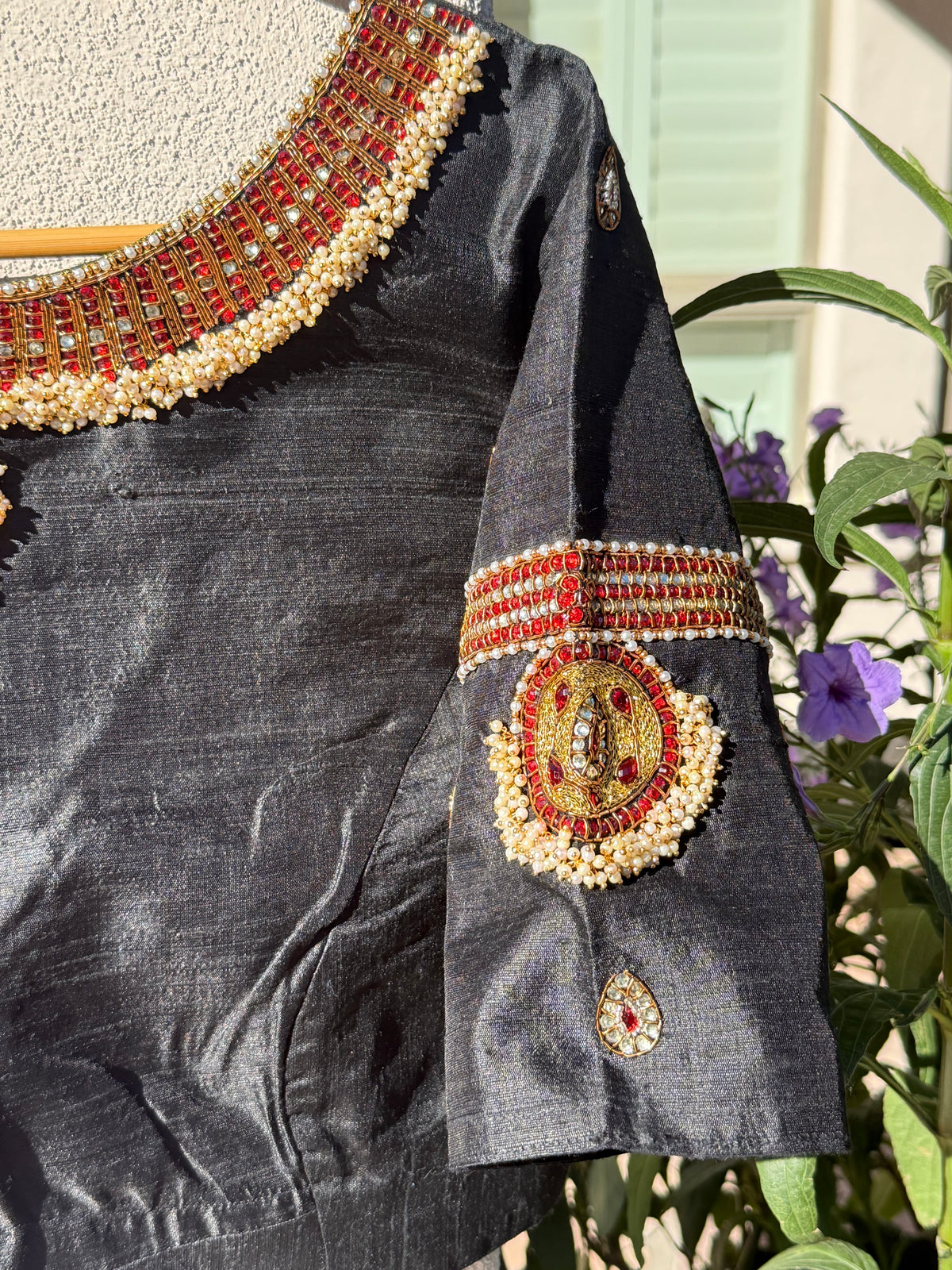 Black Tanjore Treasure pure silk hand-embroidered blouse by Idam Living