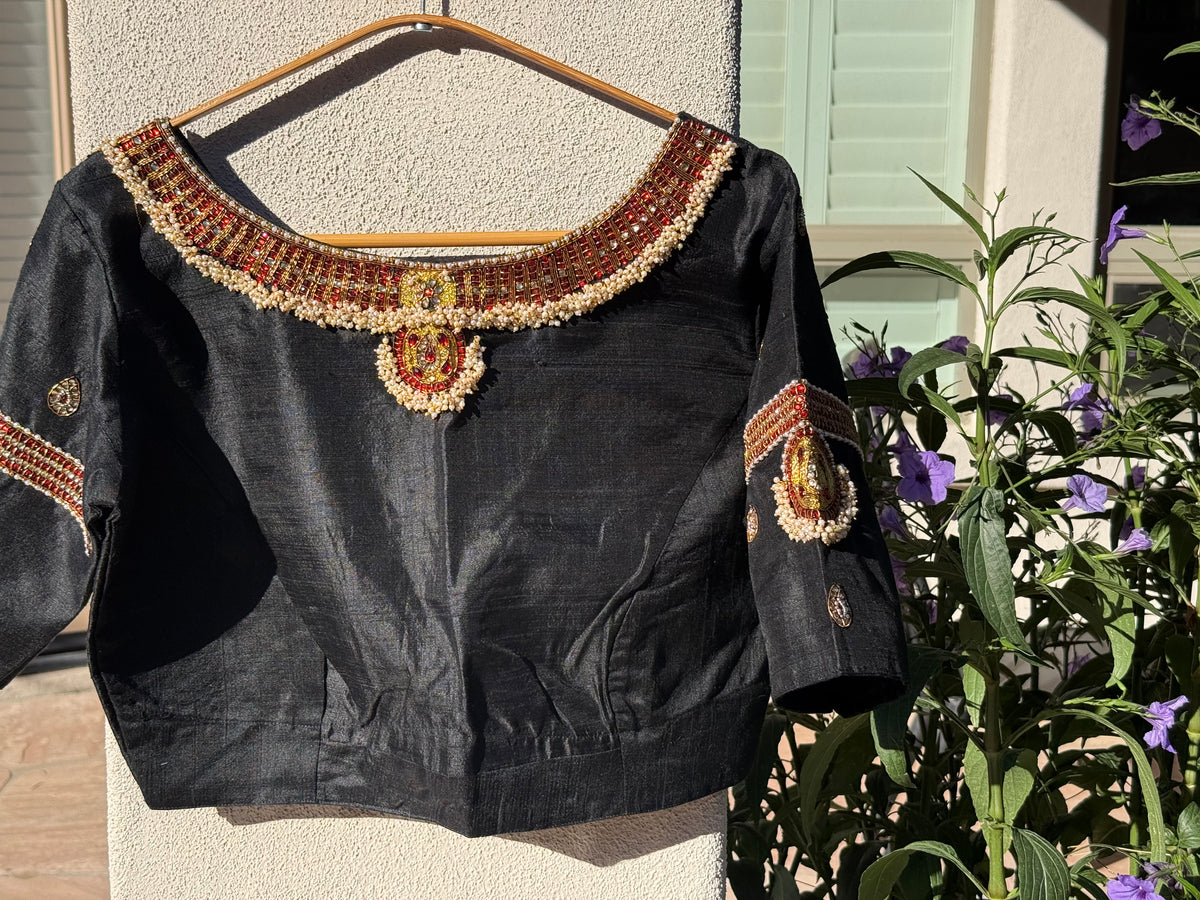 Black Tanjore Treasure pure silk hand-embroidered blouse by Idam Living
