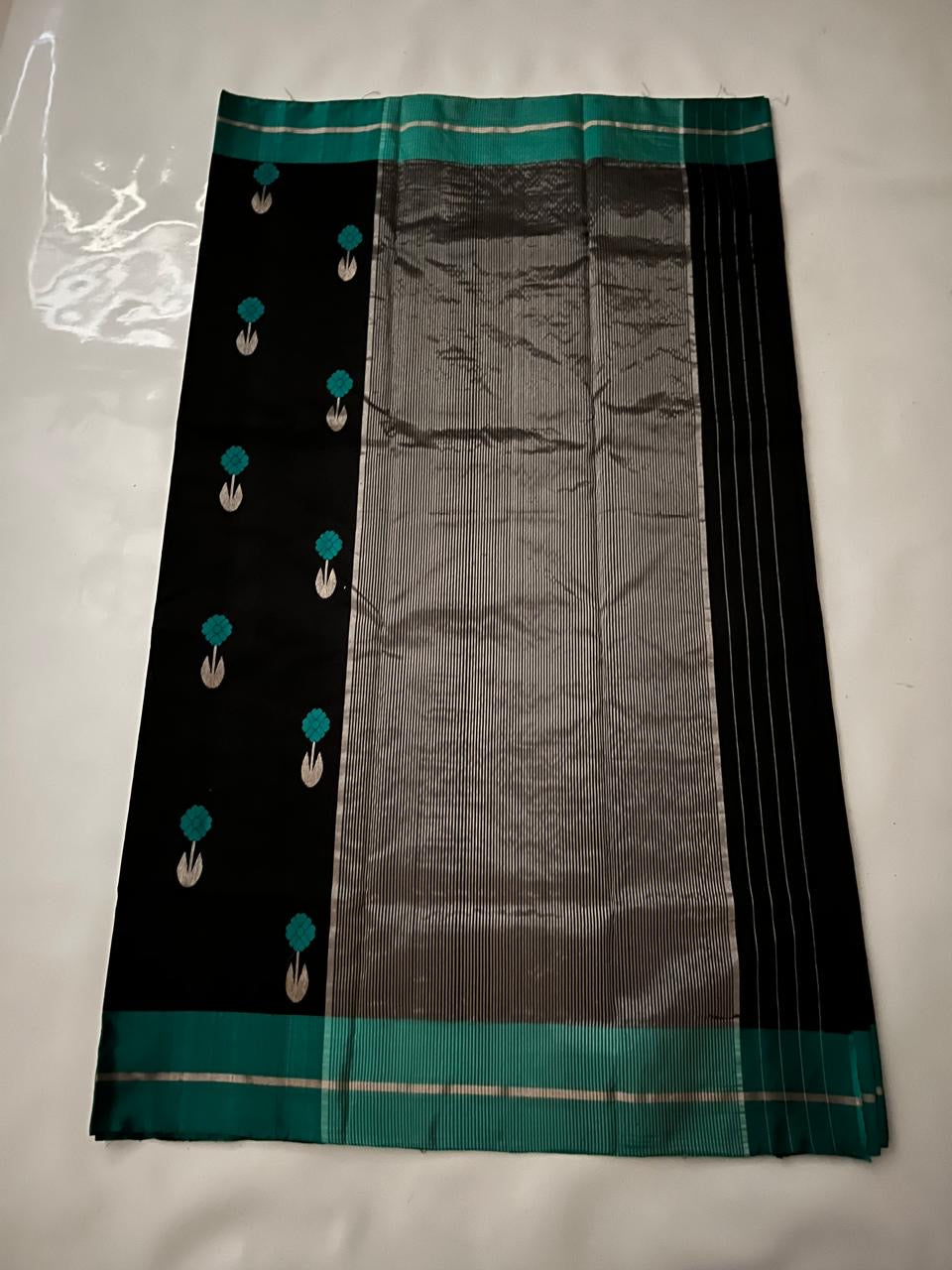 Black and teal handloom Chanderi silk saree by Idam Living