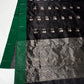 Black Chanderi saree showing silver and red floral butta detail