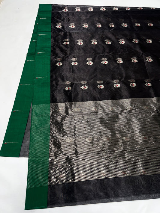 Black Chanderi saree showing silver and red floral butta detail