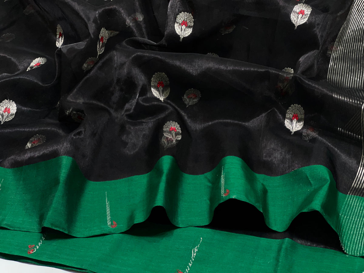 Black Tissue Silk Chanderi handloom saree