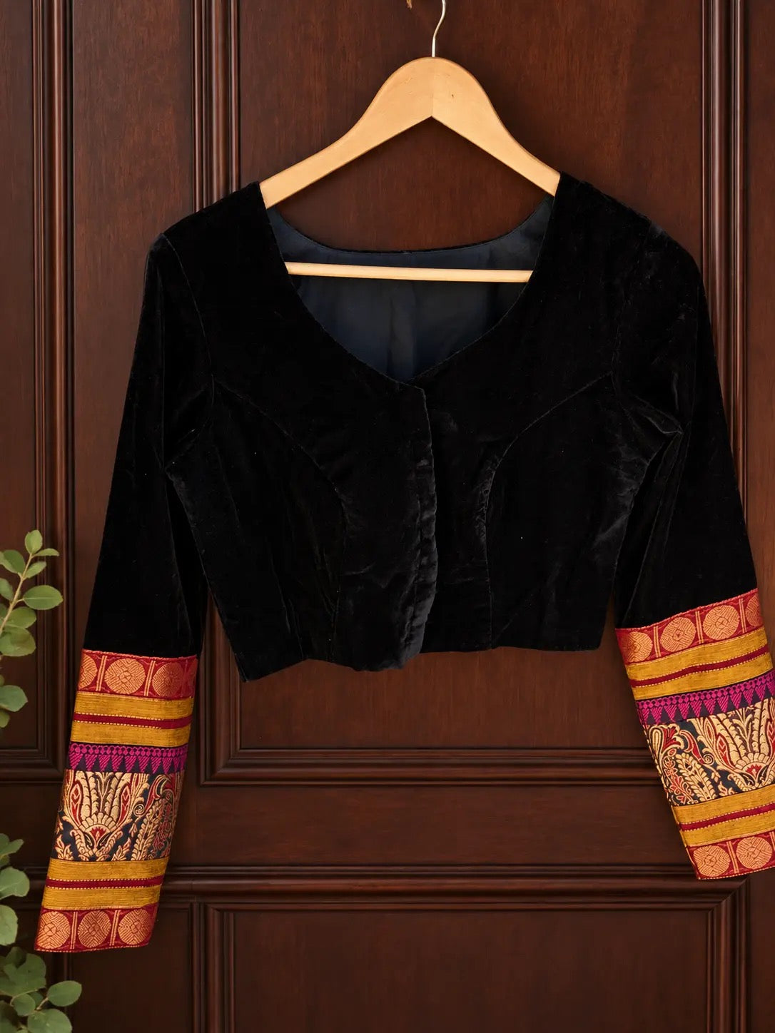 Black velvet blouse with Banarasi Kimkhwab patchwork sleeve detail