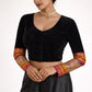 Black velvet designer blouse with handwoven Banarasi silk sleeves