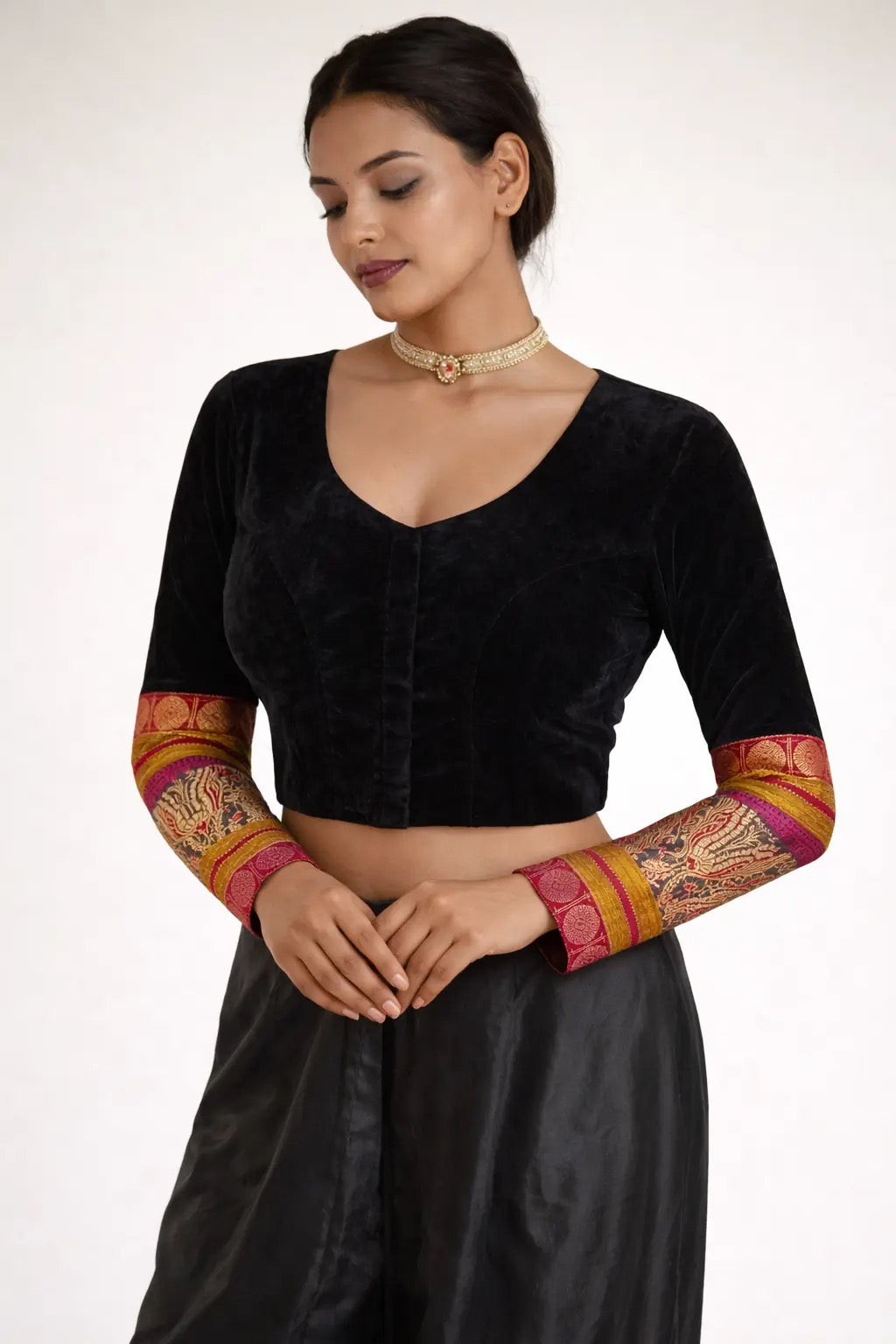 Black velvet designer blouse with handwoven Banarasi silk sleeves