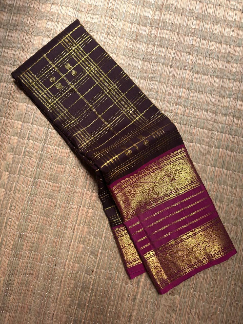 Blackberry Plum Handwoven Pure Silk Kanjivaram Zari Kattam Saree with Magenta Elephant Border – silk fabric close-up