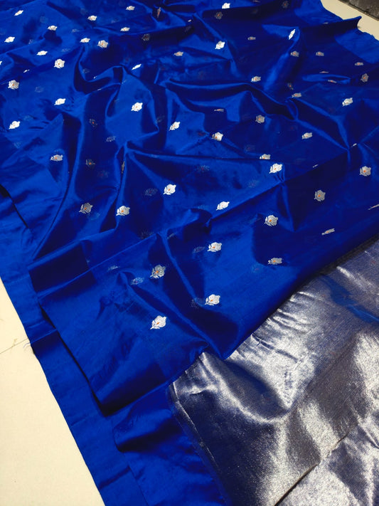 Pure Silk Chanderi Saree – Starlit Blue Brilliance with Floral Butta and Silver Zari Border