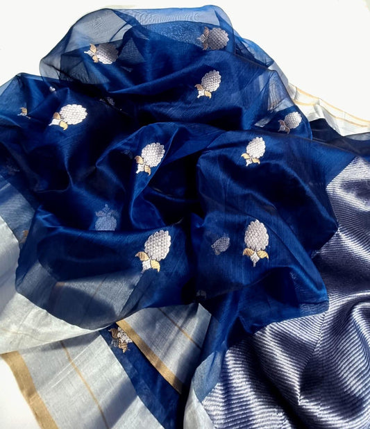 Silver-toned floral-bud motifs on royal-blue silk