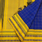 Draped detail of royal blue checked pure Kanchipuram silk saree with mustard yellow border and patterned edge, available in the USA