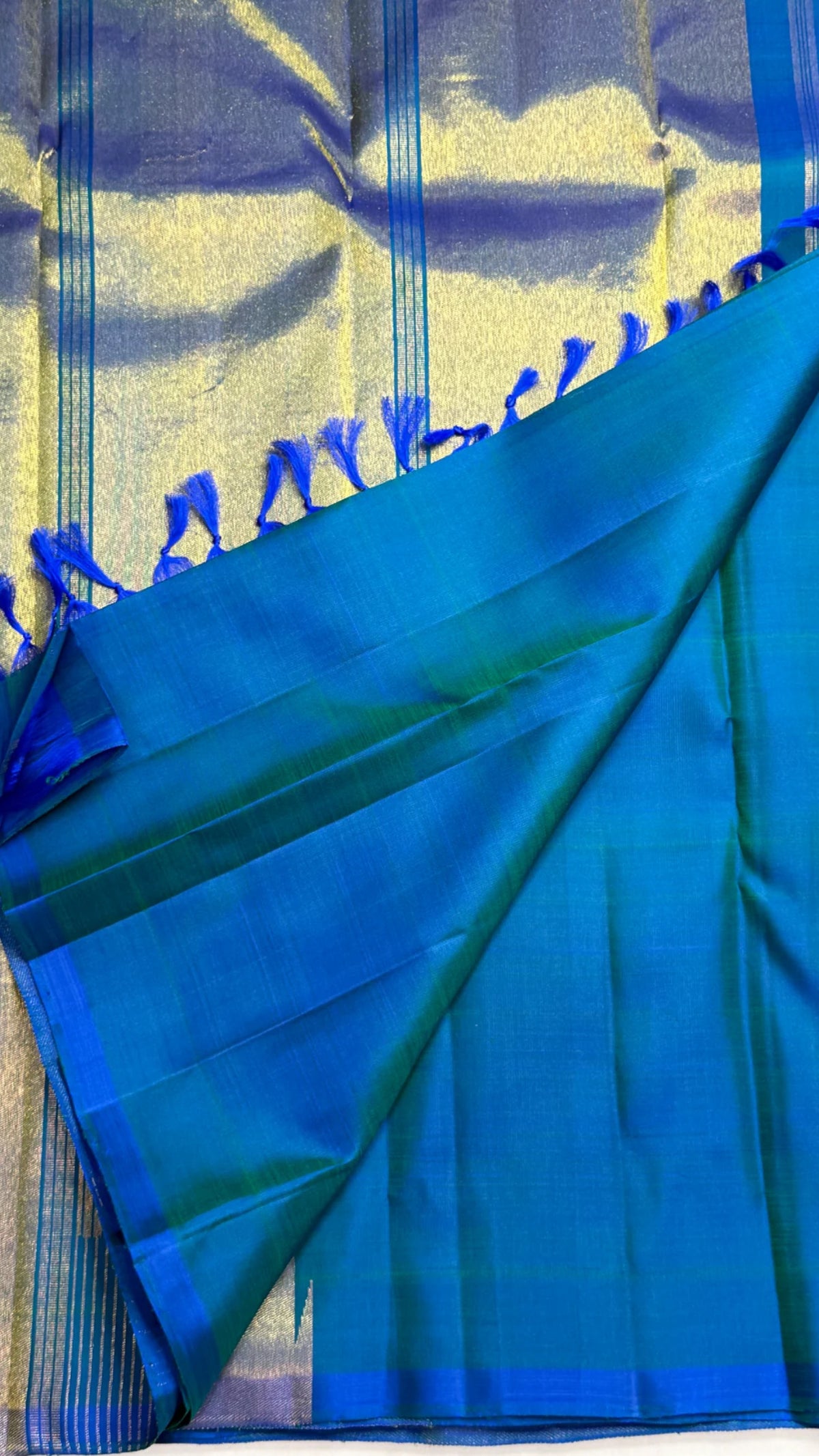 Mayil Kazhuthu blue Ettukol pure silk Kancheepuram saree with gold temple peaks – view 1