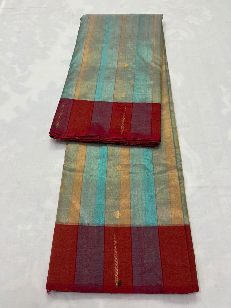 Deep-red Chanderi border with muted plum rectangular details