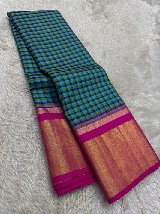 Blue Green and Magenta Handwoven Pure Silk Kanchi Pattu Saree with Kanchi Kattam Checks
