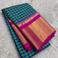 Blue Green and Magenta Handwoven Pure Silk Kanchi Pattu Saree with Kanchi Kattam Checks