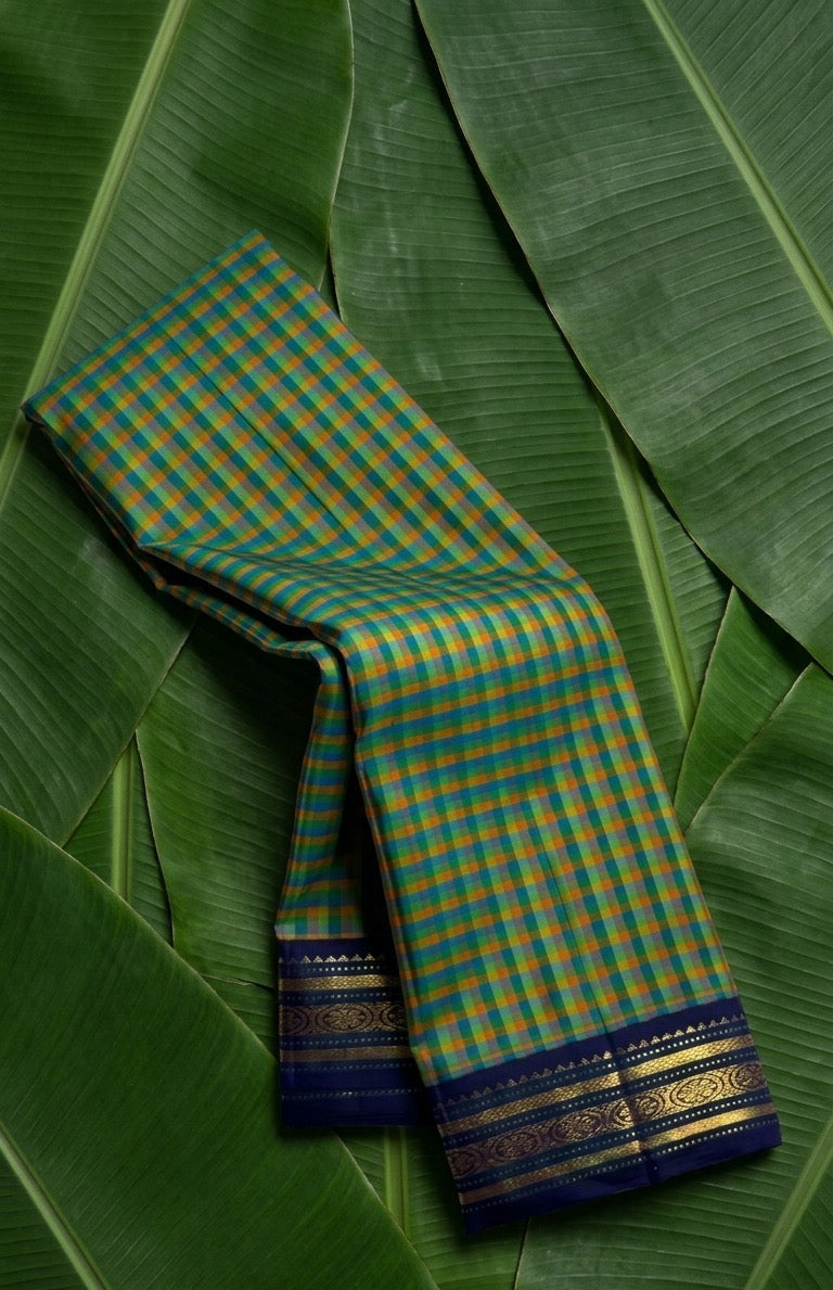 Blue-green pattani kattam Kanjivaram pure silk saree — full drape view