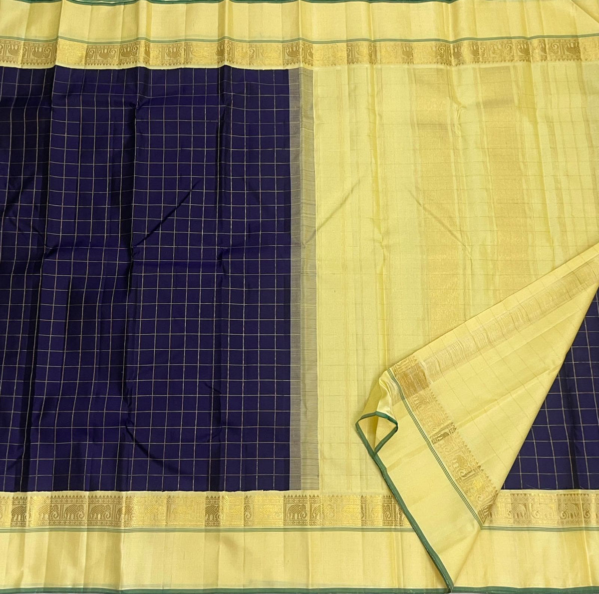 Neelam Blue Handwoven Pure Silk KanchiPattu Kanchi Kattam Saree with Kaal Irangiya Ivory Gold Border