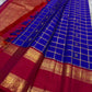 Jewel Blue and Deep Vermillion Handwoven Pure Silk Kanchipuram Saree with Veldhari Border and Zari Kattam